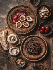 Wall Mural - A table with two plates of food, one with mushrooms and the other with meat