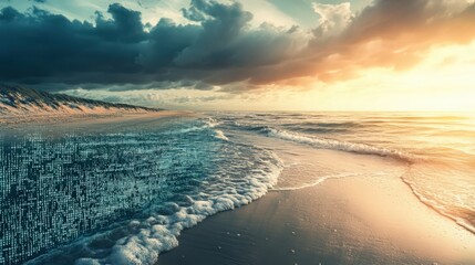 A serene beach landscape transitions into a digital ocean with binary code overlaid