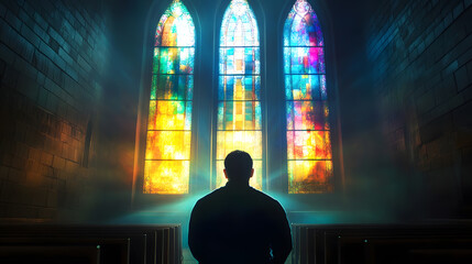 Aufkleber - Silhouette of a Man in Contemplation with Colorful Stained Glass Windows in Cathedral : Generative AI