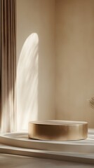 Fototapete - A podium with a matte gold finish, surrounded by a gentle light haze in a calm, neutral-toned room