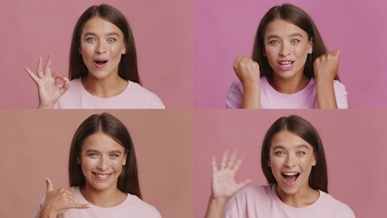Poster - Pretty young lady showing various gestures and emotions, collection of photos over different backgrounds
