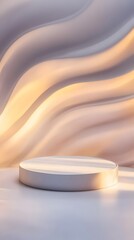 Fototapete - A podium on a bright white floor with soft shadows, set against a glowing, abstract pattern in the background