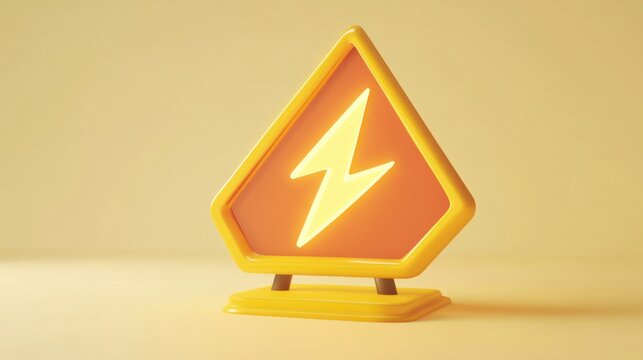 A cartoon-style 3D yellow warning sign with a lightning bolt symbol, rendered in vibrant colors, on a clean background