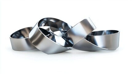 Leinwandbilder - A clean 3D rendering of flowing metal ribbons with polished chrome finishes, creating a modern abstract background, on white