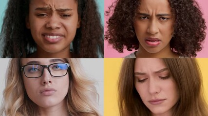 Poster - This collage features four multiracial individuals conveying various emotions through their distinct facial expressions and gestures, set against colorful backgrounds.