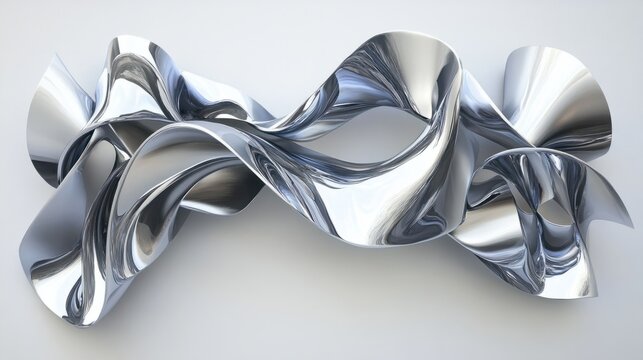 A clean 3D rendering of flowing metal ribbons with polished chrome finishes, creating a modern abstract background, on white