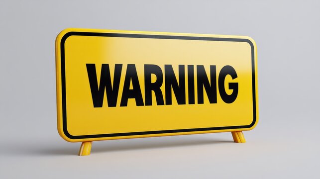 A clean 3D warning sign board in yellow with bold black text 