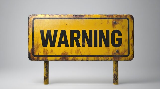 A clean 3D warning sign board in yellow with bold black text 