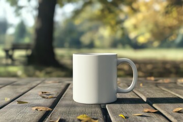 A realistic plastic mug mockup with a matte finish, displayed on an outdoor picnic table.