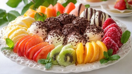 Poster - A beautifully presented ice cream platter with assorted fruit flavors, decorated with chocolate shavings and fresh mint leaves for a delightful dessert shot