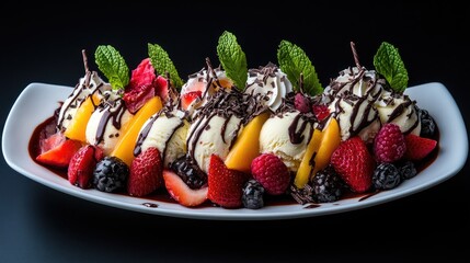 Poster - A beautifully presented ice cream platter with assorted fruit flavors, decorated with chocolate shavings and fresh mint leaves for a delightful dessert shot