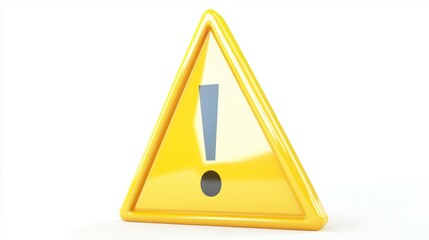 Fototapete - A glossy yellow triangular warning sign with a bold exclamation icon and a playful cartoonish look, on white