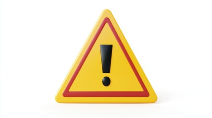 Fototapete - A glossy yellow triangular warning sign with a bold exclamation icon and a playful cartoonish look, on white