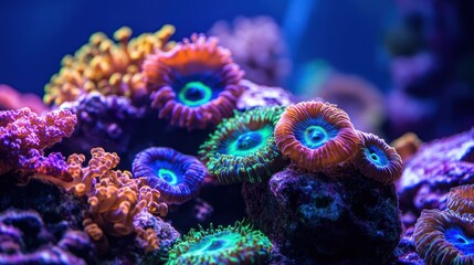 Vibrant coral reef aquarium closeup, underwater scene, marine life, education