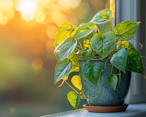 Poster - Golden hour sunlight illuminates a potted heartleaf philodendron on a windowsill.