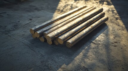 Poster - A bundle of metallic bars resting on a concrete floor, with soft evening light creating dramatic shadows, evoking an industrial and artistic vibe