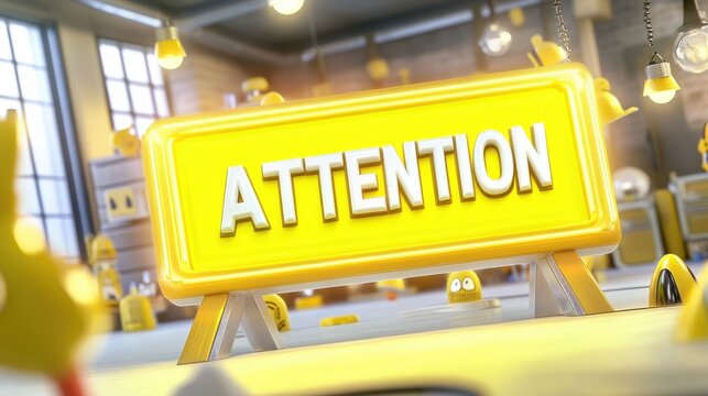 A playful 3D warning board in yellow with a bold 