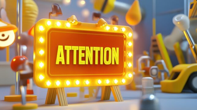 A playful 3D warning board in yellow with a bold 