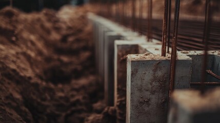 Leinwandbilder - A close-up of a foundation pit, with neatly arranged rebar and formwork, ready for concrete pouring, showcasing the precision and planning of construction