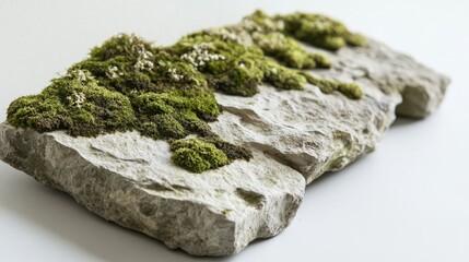 Poster - A close-up of a moss-covered stone wall with intricate textures, displayed on a seamless white surface, highlighting the natural beauty and textures of moss and stone