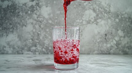 Poster - A close-up of cranberry syrup pouring from a bottle into a water glass, with vibrant red droplets mixing with the clear liquid, creating dynamic patterns
