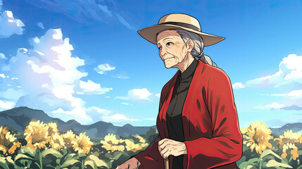 Wall Mural - Man in a hat and red coat standing in a field of flowers with an elderly anime woman walking through the same field during a sunny day