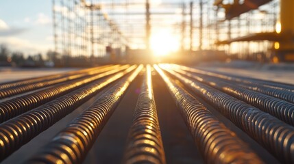 Poster - A close-up of steel bars reflecting sunlight at a construction site, with scaffolding in the background, bringing focus to the industrial work in progress