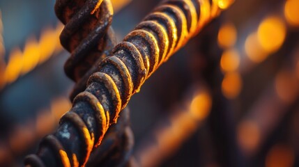 Poster - A close-up of twisted, rusted metal bars glowing gently under the warm evening sky, creating a juxtaposition of industrial decay and natural beauty