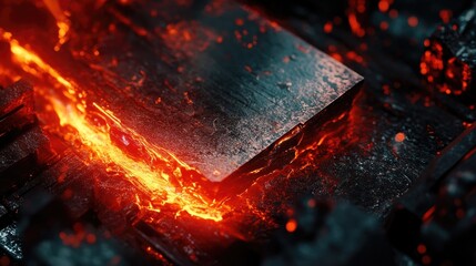 Poster - A close-up shot of a red-hot metal billet being formed on a production line, with molten metal flowing and heavy machinery emphasizing industrial power