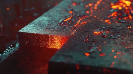 Poster - A close-up shot of a red-hot metal billet being formed on a production line, with molten metal flowing and heavy machinery emphasizing industrial power