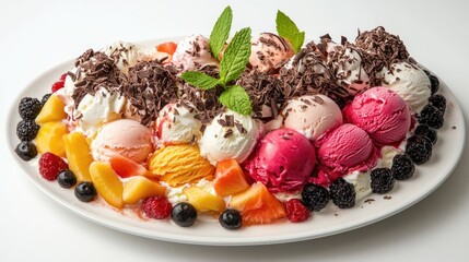 Aufkleber - A colorful ice cream platter with various fruit flavors, topped with chocolate shavings and mint leaves, creating a vibrant and delicious dessert display