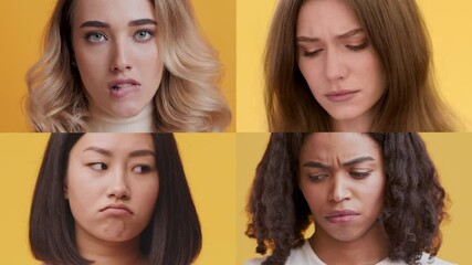 Poster - Four individuals display a range of emotions against a vibrant yellow background. Each face conveys distinct feelings, showcasing diversity in appearance and expression.