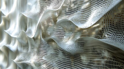 Abstract white fabric with wave texture and grid pattern.