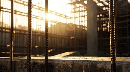 Poster - A construction site scene with sunlight reflecting off steel bars, highlighting the intricate details of the materials and scaffolding in the background
