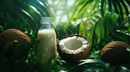 Poster - A cracked coconut surrounded by fresh coconut milk in a bottle and lush green leaves, creating a fresh tropical vibe with a natural, organic aesthetic