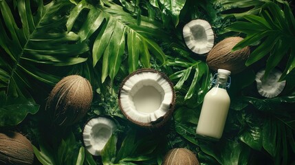 Poster - A cracked coconut surrounded by fresh coconut milk in a bottle and lush green leaves, creating a fresh tropical vibe with a natural, organic aesthetic