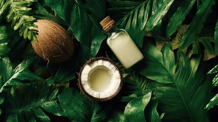 Poster - A cracked coconut surrounded by fresh coconut milk in a bottle and lush green leaves, creating a fresh tropical vibe with a natural, organic aesthetic