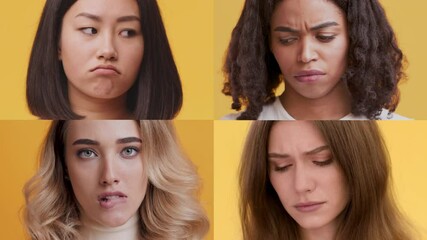 Poster - A collection of close-up shots featuring diverse individuals expressing various emotions. Each person showcases unique gestures and facial expressions against a bright yellow background.