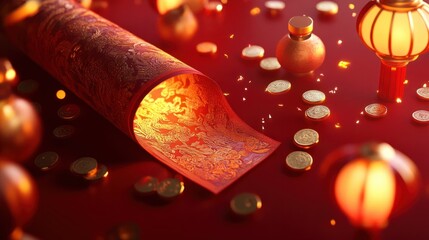 Leinwandbilder - A modern 3D rendering of a glowing Chinese scroll with intricate details and festive elements like lanterns and coins, on a red background