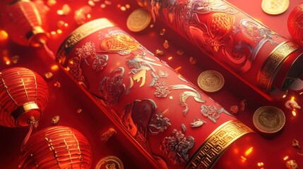 Leinwandbilder - A modern 3D rendering of a glowing Chinese scroll with intricate details and festive elements like lanterns and coins, on a red background
