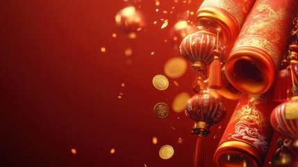 Leinwandbilder - A modern 3D rendering of a glowing Chinese scroll with intricate details and festive elements like lanterns and coins, on a red background