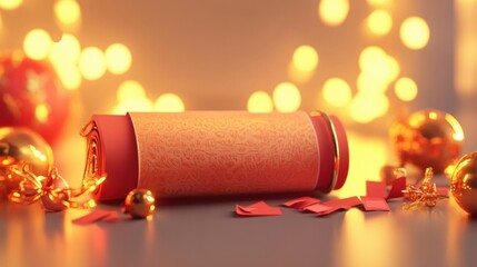 Leinwandbilder - A modern 3D rendering of a glowing Chinese style scroll with intricate details, festive red envelopes, and golden tassels, on a clean background