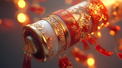 Leinwandbilder - A modern 3D rendering of a glowing Chinese style scroll with intricate details, festive red envelopes, and golden tassels, on a clean background