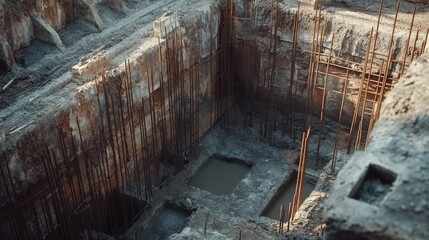 Leinwandbilder - A detailed shot of a foundation pit, with rebar and formwork precisely set in place for concrete pouring, emphasizing the accuracy and readiness for construction work