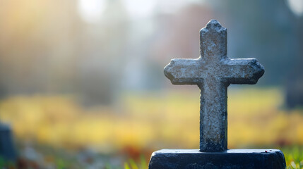 Poster - Weathered Stone Cross in Peaceful Cemetery Background, Tranquil : Generative AI