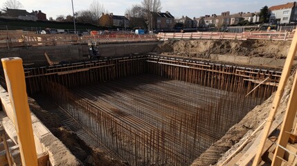 Aufkleber - A detailed view of a construction site foundation pit, with rebar and formwork arranged for pouring concrete, highlighting the careful preparation involved