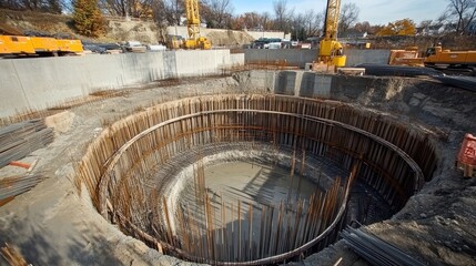 Aufkleber - A detailed view of a construction site foundation pit, with rebar and formwork arranged for pouring concrete, highlighting the careful preparation involved
