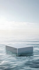 Wall Mural - a transparent podium, floating in a serene ocean with soft waves and a clear sky as the backdrop