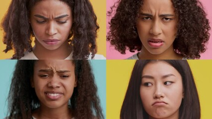 Poster - A collection of four individuals showcasing different emotional expressions set against bright backgrounds. Each person conveys unique feelings through gestures, emphasizing diversity.