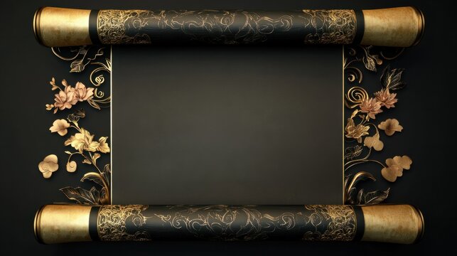 A sleek 3D Chinese scroll with intricate gold borders, blank parchment, and traditional elements like lotus flowers and clouds